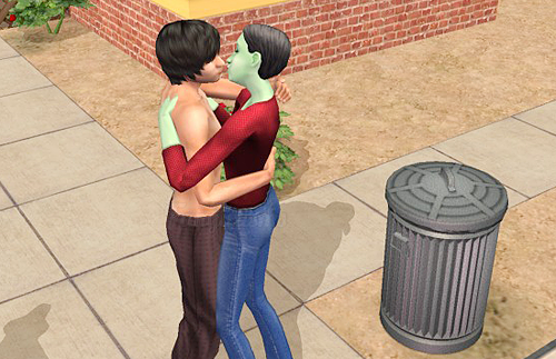 Sims 2 - male human sim and female alien sim kissing