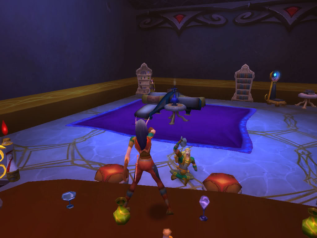 A screencap of a World of Warcraft female Blood Elf Hunter and male Blood Elf Paladin in a lounge in Silvermoon City
