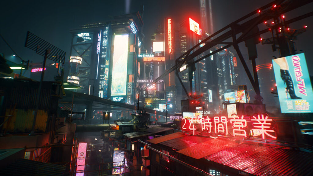 Screencap of Night City in Cyberpunk 2077