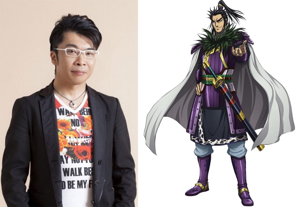 A side-by side image of seiyuu Kentaro Ito and his character Kan Ki / Huan Yi from Kingdom Season 5
