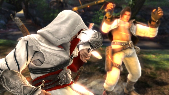 A screencap of Ezio fighting Maxi in SoulCalibur V
