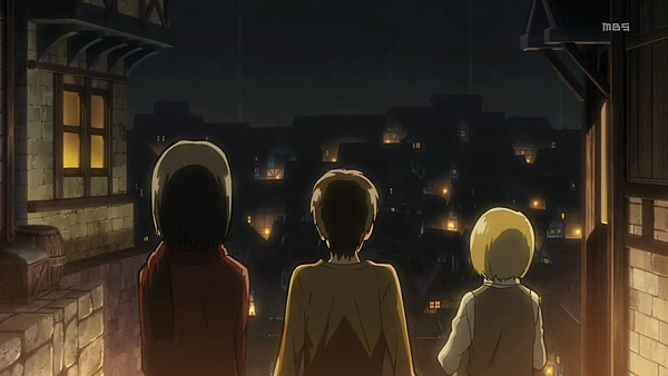 A screencap of Mikasa Ackerman, Eren Yeager, and Armin Arlert from Attack on Titan