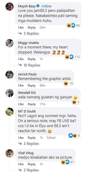 Screenshot of comments on Jam 88.3's promotional post for Basti Artadi on Facebook