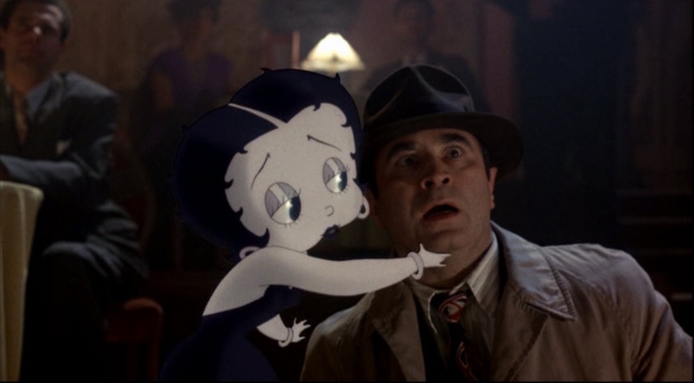 A screencap of Betty Boop and Eddie Valiant (played by Rob Hoskins) in Who Framed Roger Rabbit