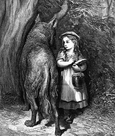 An illustration of Little Red Riding Hood and the Wolf by Gustave Dore