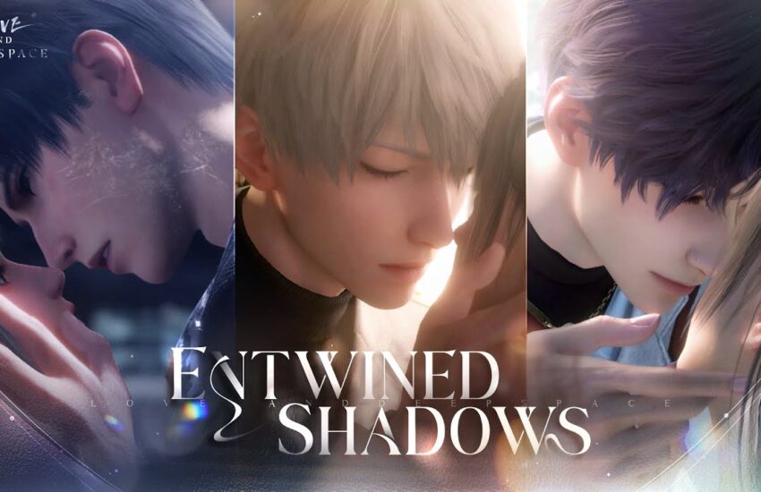 Love and Deepspace Entwined Shadows trailer title card, featuring Zayne, Xavier, and Rafayel