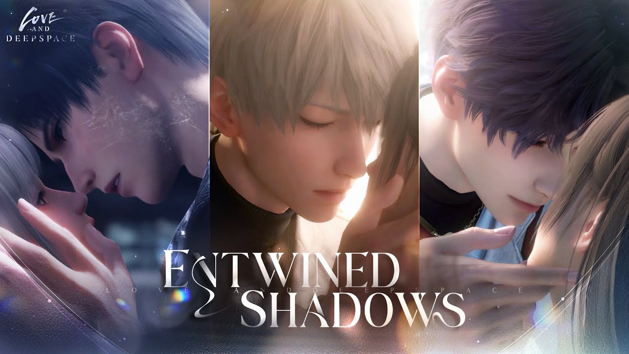 Love and Deepspace Entwined Shadows trailer title card, featuring Zayne, Xavier, and Rafayel