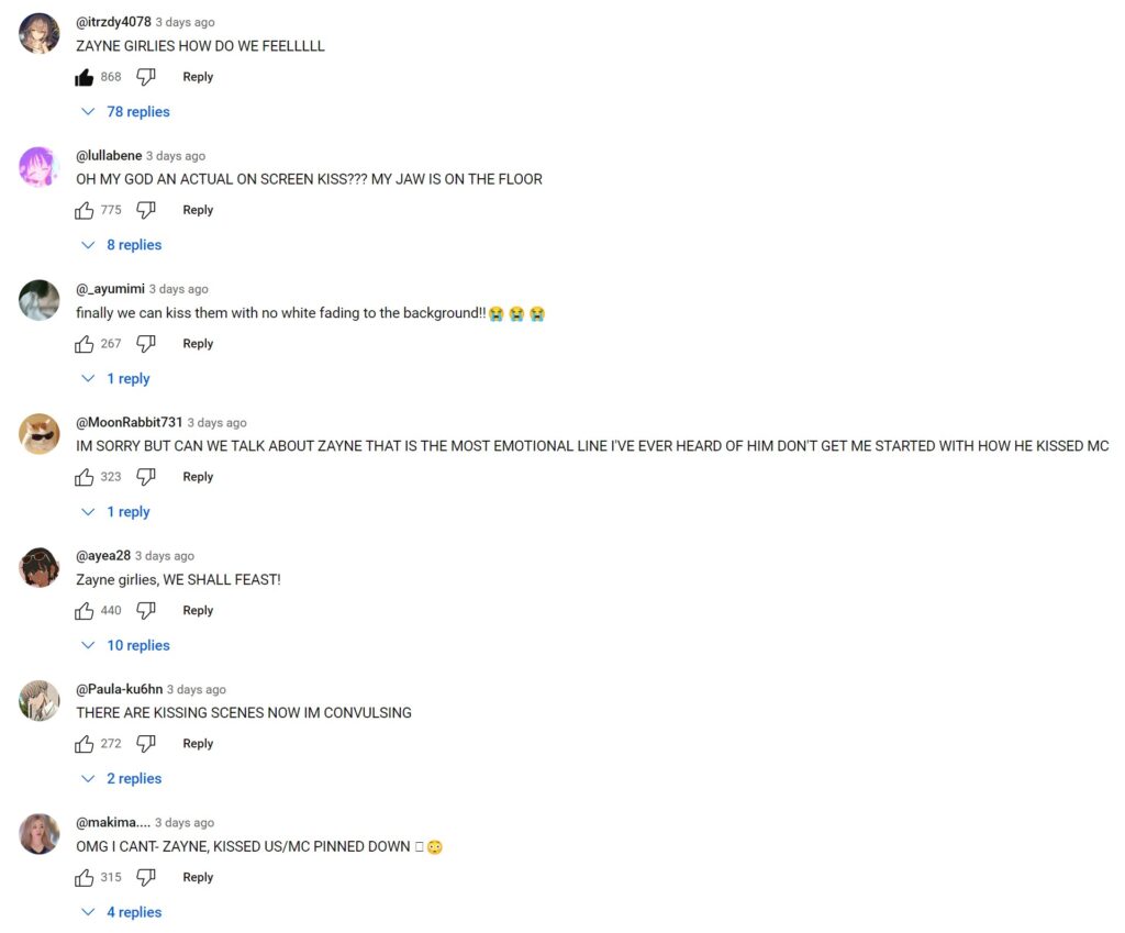 YouTube top comments on the Love and Deepspace "Entwined Shadows" Trailer